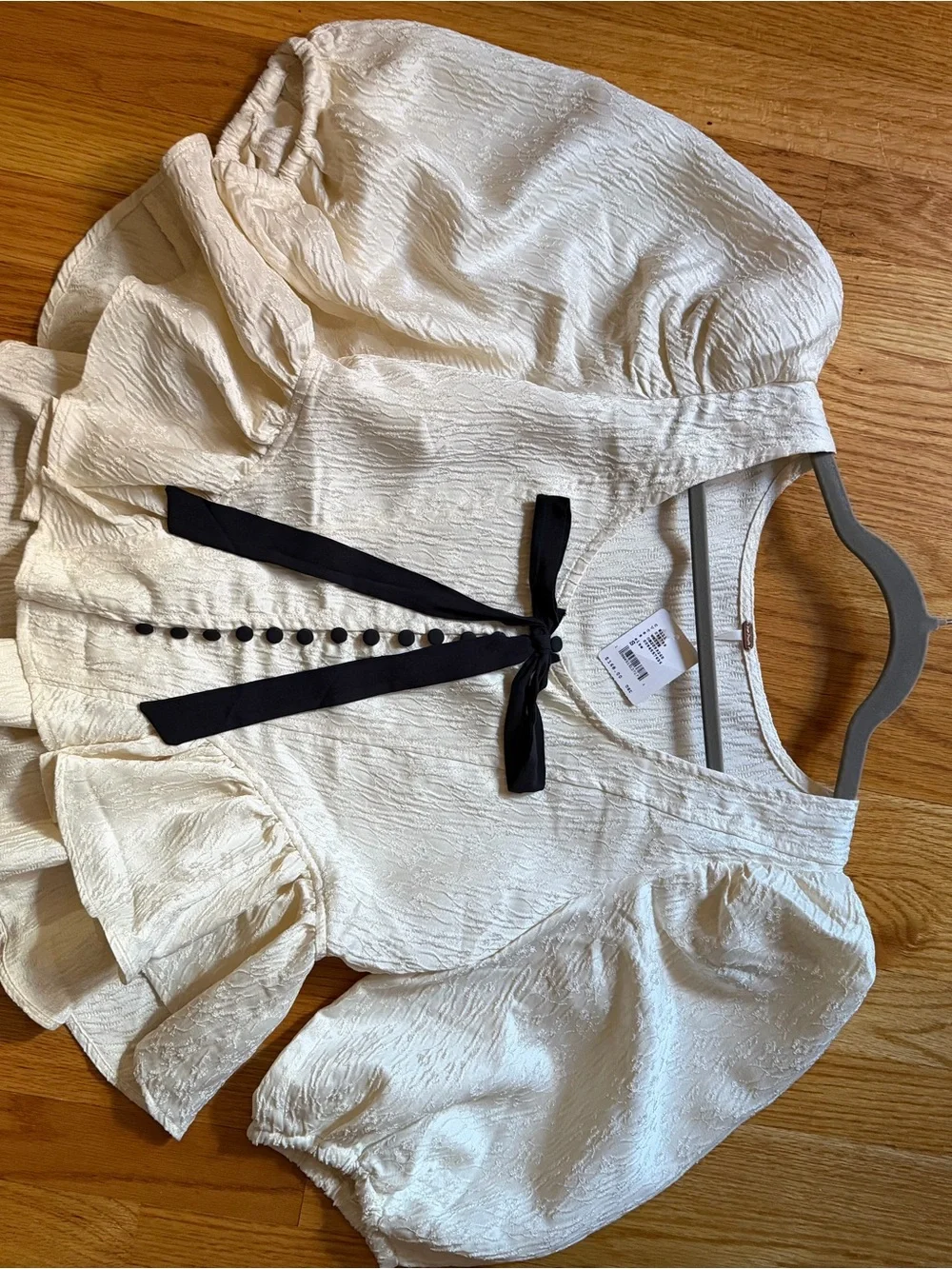 Free People Cream Peplum Blouse with Black Neck Tie